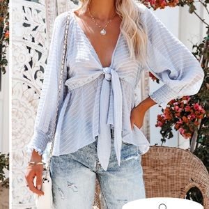 VICI ADDICTED TO LOVE TEXTURED TIE FRONT PEPLUM TOP - SKY BLUE